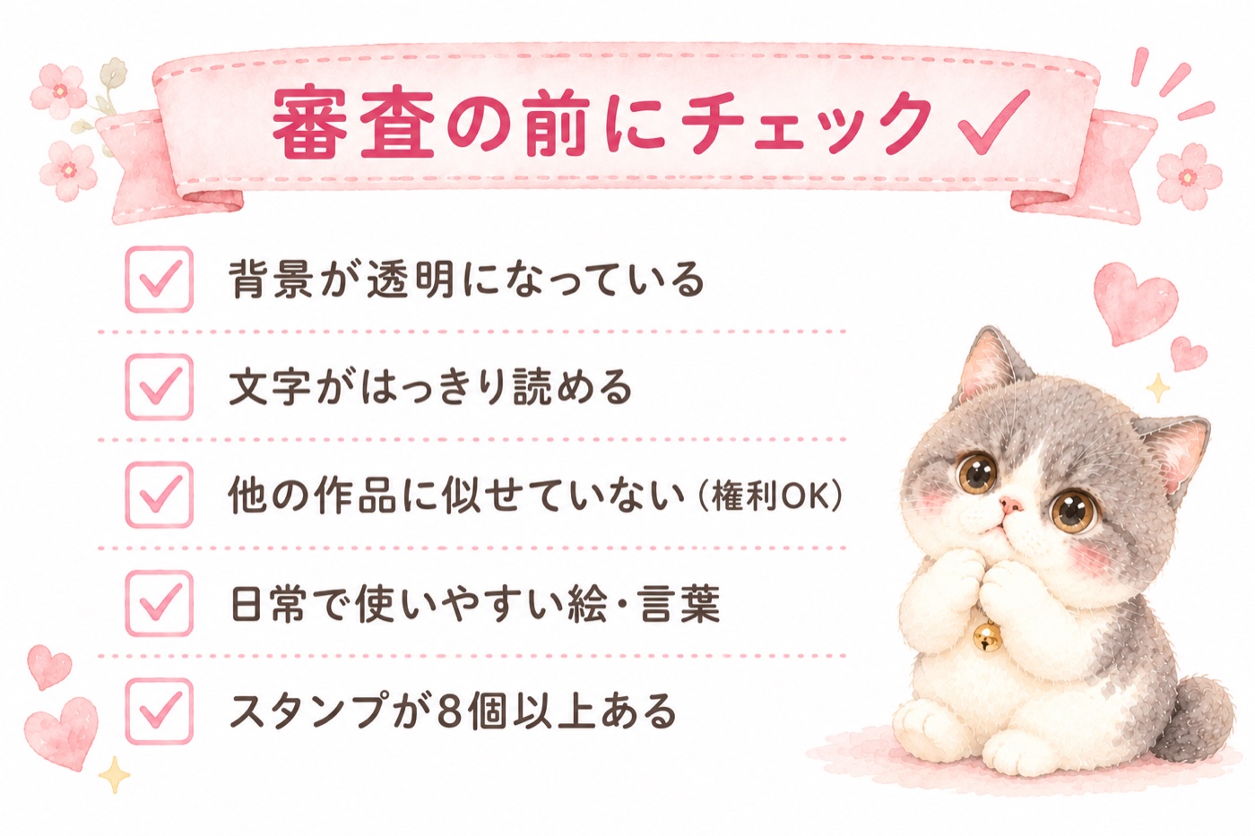 審査の前にチェック。背景が透明になっている／文字がはっきり読める／他の作品に似せていない（権利面で問題がない）／日常で使いやすい絵・言葉／スタンプが8個以上ある